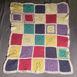 Handmade Crochet Granny Square Blanket – Pastel Multicolour Throw
